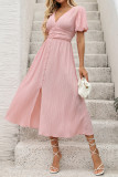 Elegant Solid Color Buttons Ruched Texture V Neck A Line Short Sleeve Dress