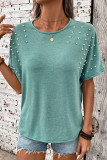 Casual Solid Color Backless Beading O Neck T-Shirts