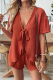 Casual Solid Color Lace Up V Neck Short Sleeve Two Pieces