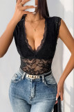 Sexy Solid Color Lace V Neck Skinny Bodysuits