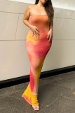 Sexy Tie Dye Contrast Strapless One Step Skirt Dresses