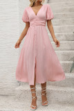 Elegant Solid Color Buttons Ruched Texture V Neck A Line Short Sleeve Dress