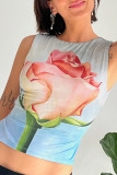 Sexy Flowers Print Lace Up O Neck Tops