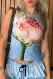 Sexy Flowers Print Lace Up O Neck Tops