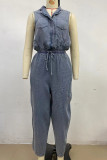 Casual Solid Color Distressed Draw String Pocket Turndown Collar Loose Jumpsuits
