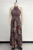 Casual Leopard Print Butterfly Flounce Contrast Halter A Line Dresses
