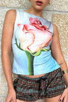 Sexy Flowers Print Lace Up O Neck Tops