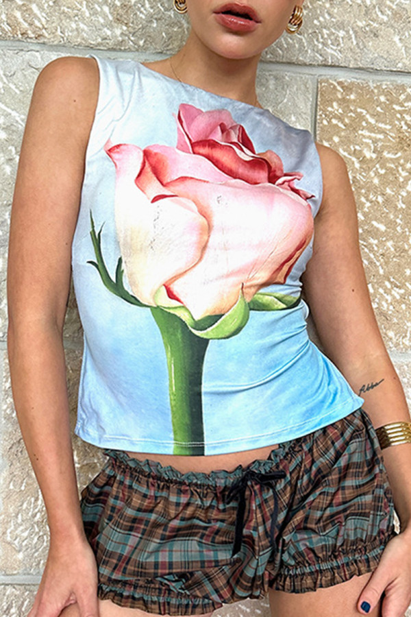 Sexy Flowers Print Lace Up O Neck Tops