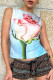 Sexy Flowers Print Lace Up O Neck Tops