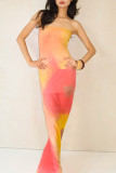 Sexy Tie Dye Contrast Strapless One Step Skirt Dresses