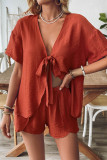 Casual Solid Color Lace Up V Neck Short Sleeve Two Pieces
