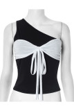 Sexy Solid Color Bow Decor Contrast Sloping Shoulder Tops