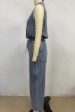 Casual Solid Color Distressed Draw String Pocket Turndown Collar Loose Jumpsuits