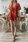 Casual Solid Color Lace Up V Neck Short Sleeve Two Pieces