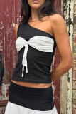 Sexy Solid Color Bow Decor Contrast Sloping Shoulder Tops