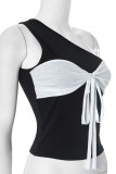 Sexy Solid Color Bow Decor Contrast Sloping Shoulder Tops