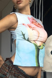 Sexy Flowers Print Lace Up O Neck Tops