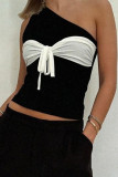 Sexy Solid Color Bow Decor Contrast Sloping Shoulder Tops