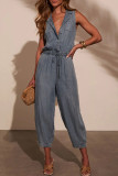 Casual Solid Color Distressed Draw String Pocket Turndown Collar Loose Jumpsuits