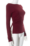 Daily Solid Color Slit Ruched O Neck Tops
