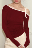 Sexy Solid Color Lace Up Irregular Contrast Oblique Collar Tops