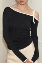 Sexy Solid Color Lace Up Irregular Contrast Oblique Collar Tops