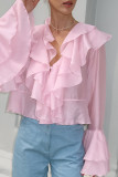 Sexy Solid Color Flounce V Neck Tops