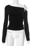 Sexy Solid Color Lace Up Irregular Contrast Oblique Collar Tops