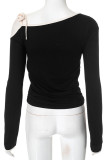 Sexy Solid Color Lace Up Irregular Contrast Oblique Collar Tops