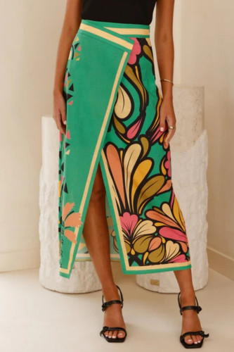 Vacation Floral Print Slit Irregular High Waist Full Print Bottoms