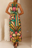 Casual Floral Print Lace Up Contrast Halter Printed Dresses