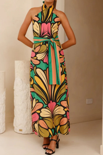 Casual Floral Print Lace Up Contrast Halter Printed Dresses