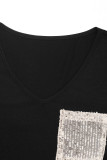 Casual Solid Color Sequins V Neck T-Shirts
