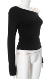 Sexy Solid Color Lace Up Irregular Contrast Oblique Collar Tops