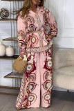 Casual Geometric Print Buttons Turndown Collar Long Sleeve Two Pieces