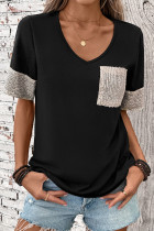 Casual Solid Color Sequins V Neck T-Shirts