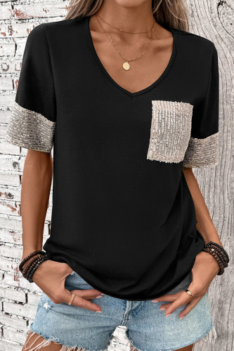 Casual Solid Color Sequins V Neck T-Shirts