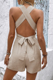 Casual Solid Color Lace Up Backless V Neck Loose Rompers