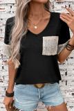Casual Solid Color Sequins V Neck T-Shirts