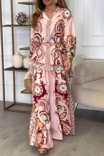 Casual Geometric Print Buttons Turndown Collar Long Sleeve Two Pieces