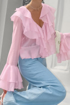 Sexy Solid Color Flounce V Neck Tops