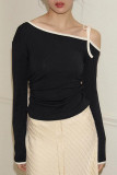 Sexy Solid Color Lace Up Irregular Contrast Oblique Collar Tops