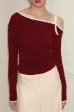 Sexy Solid Color Lace Up Irregular Contrast Oblique Collar Tops