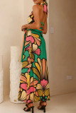 Casual Floral Print Lace Up Contrast Halter Printed Dresses