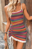 Sexy Vacation Stripe Draw String Cross Straps Contrast U Neck Wrapped Skirt Dresses
