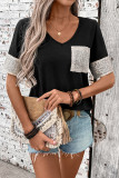 Casual Solid Color Sequins V Neck T-Shirts