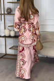 Casual Geometric Print Buttons Turndown Collar Long Sleeve Two Pieces