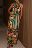 Casual Floral Print Lace Up Contrast Halter Printed Dresses