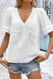 Casual Solid Color Buttons Embroidery V Neck Tops