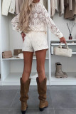 Casual Solid Color Lace Buttons Turndown Collar Long Sleeve Two Pieces